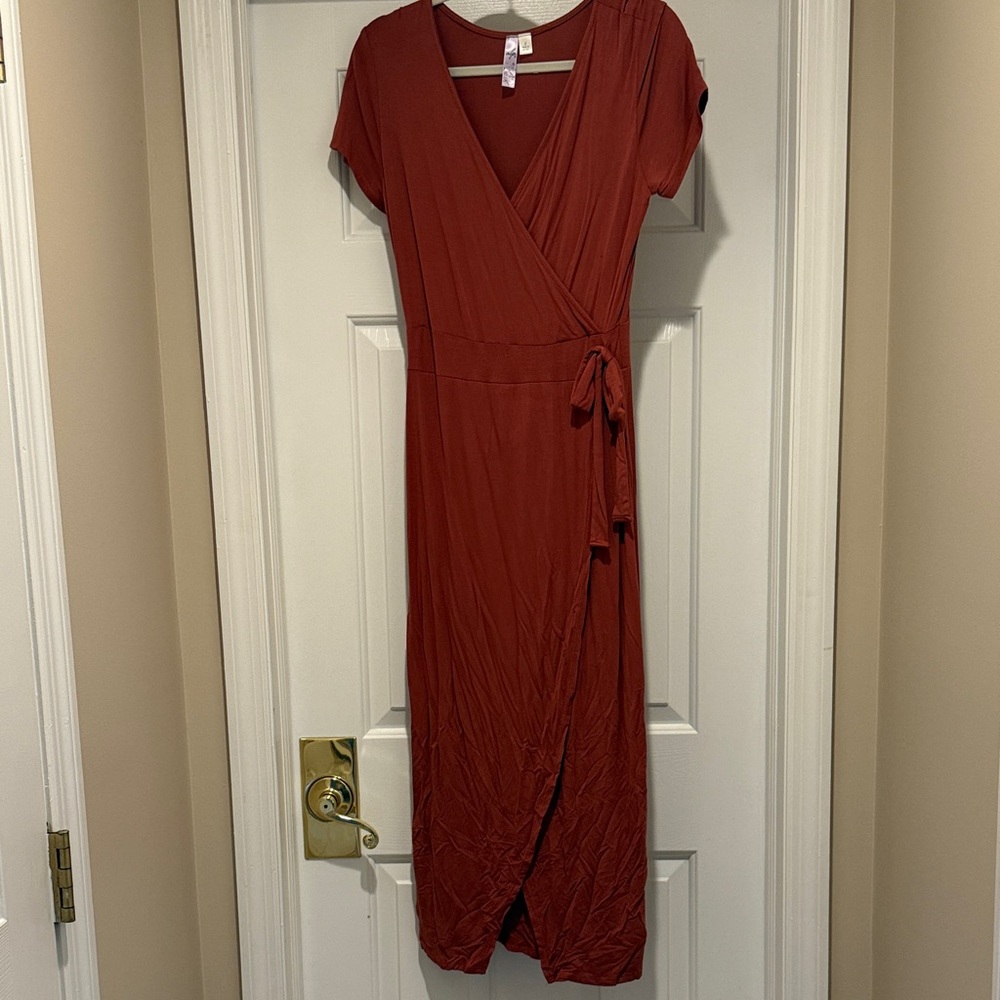 Alya Rust-Colored Midi Faux Wrap Dress